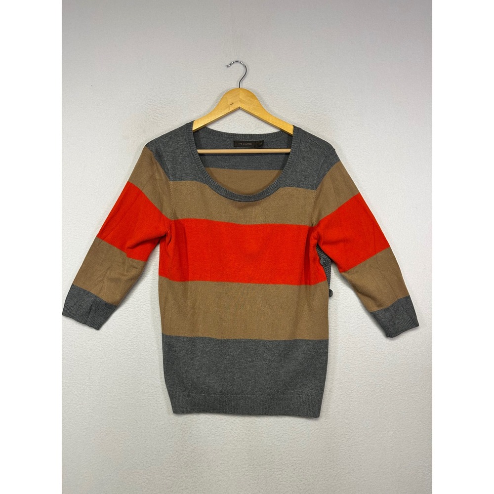 Retro Mod The Limited Womens Large Grey Tan Orange Striped Side Button Sweater